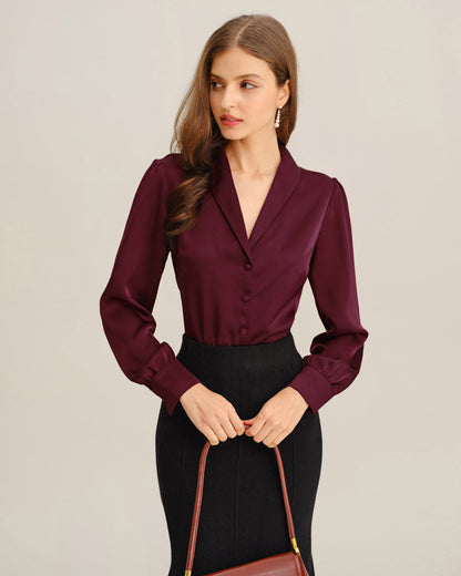 Camisa de Botón de Satén Rojo Vino