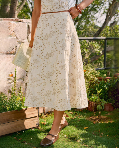 Falda Midi de Bordado Beige