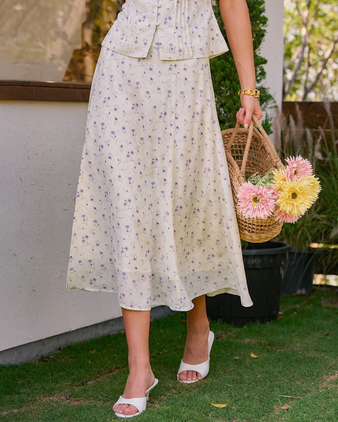 Falda Midi Beig Floral con Abertura