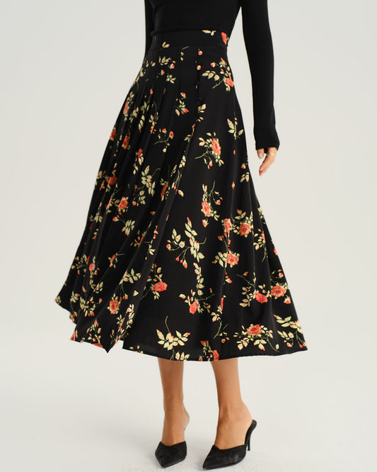Falda Midi A-Line Floral Negra