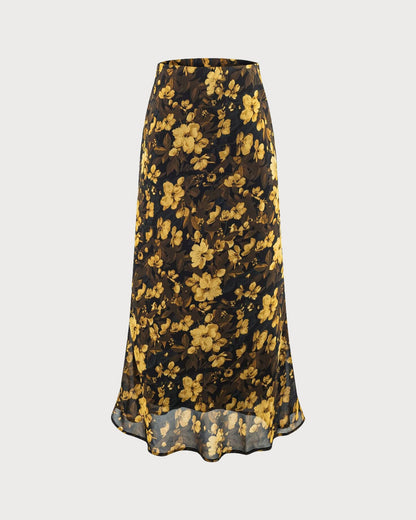 Falda Negra Floral con Cintura Elástica