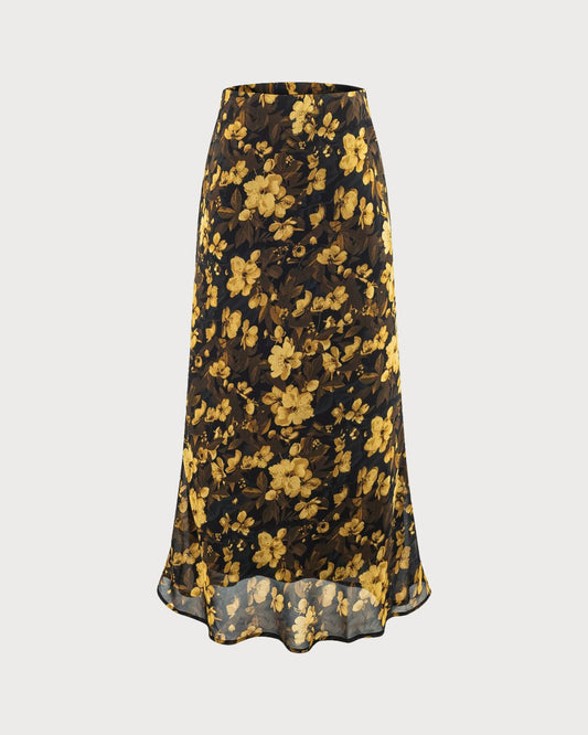 Falda Negra Floral con Cintura Elástica