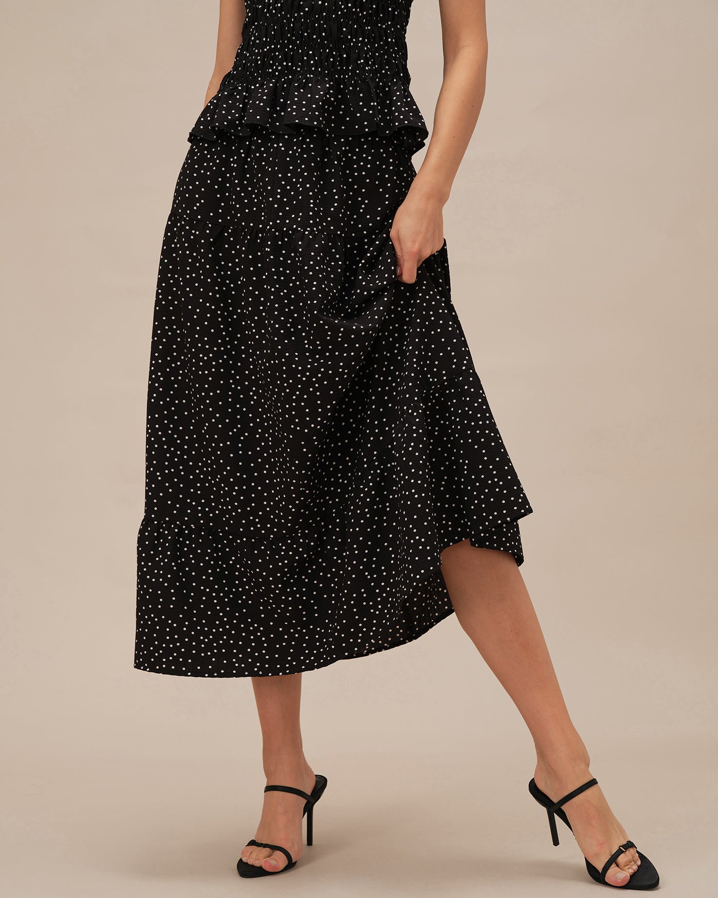 Falda Midi Arrugada con Lunares Negros