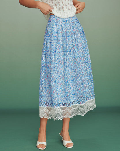 Falda A-Line de Encaje Floral Azul