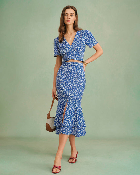Falda Midi Sirena Floral Azul