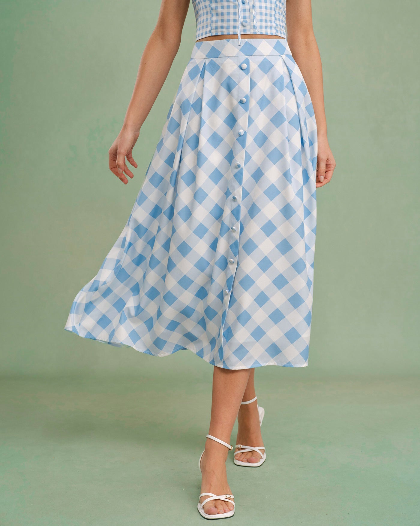 Falda Midi de Botones a Cuadros Azules