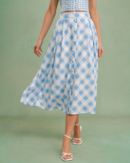 Falda Midi de Botones a Cuadros Azules