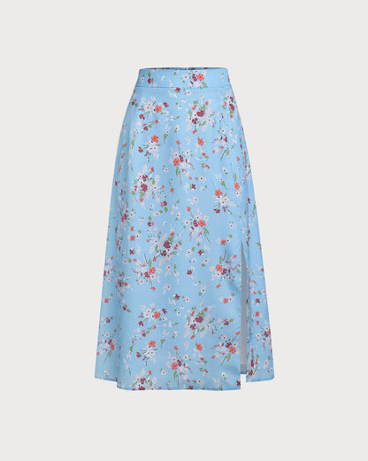 Falda Midi A-Line Floral Azul con Abertura