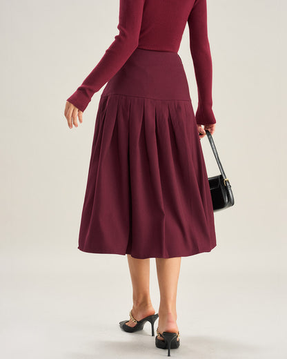 Falda Midi Plisada de Cintura Natural Color Rojo Vino