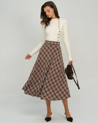 Falda Midi A-Line Floral de Cuadros Marrón
