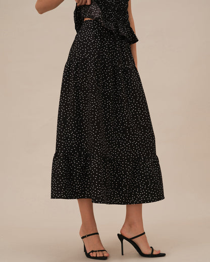 Falda Midi Arrugada con Lunares Negros