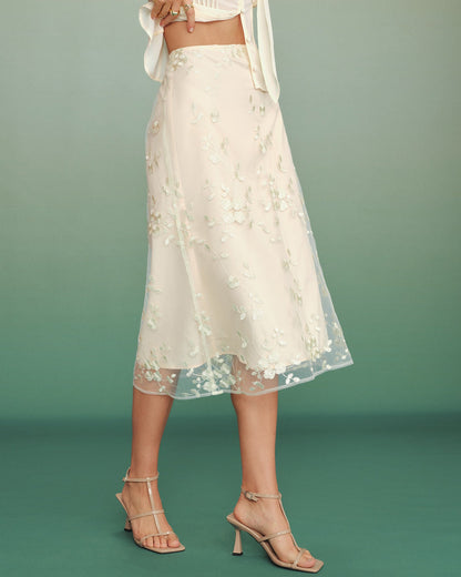 Falda Midi de Malla con Bordado Floral en Albaricoque