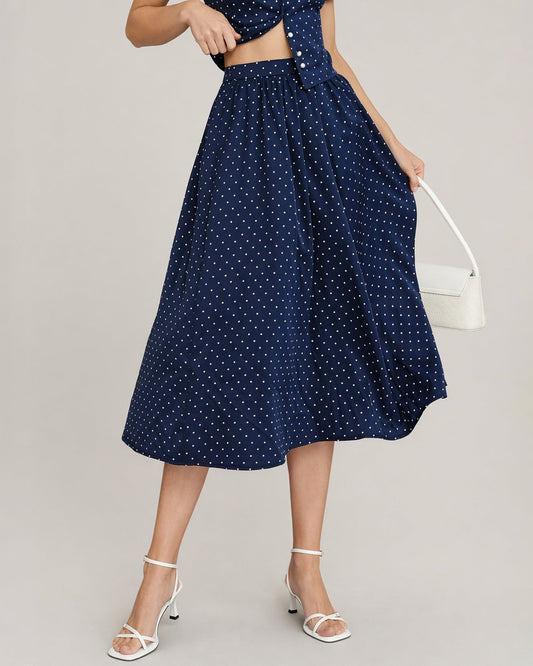 Falda Midi de Lunares Azules con Bolsillos