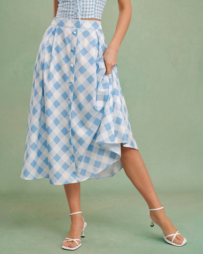 Falda Midi de Botones a Cuadros Azules