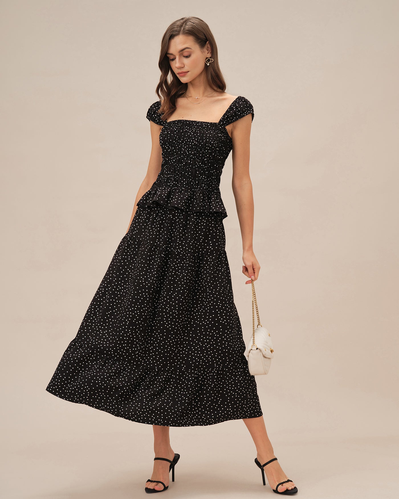 Falda Midi Arrugada con Lunares Negros