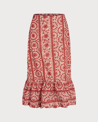 Falda Midi Fruncida Floral Roja