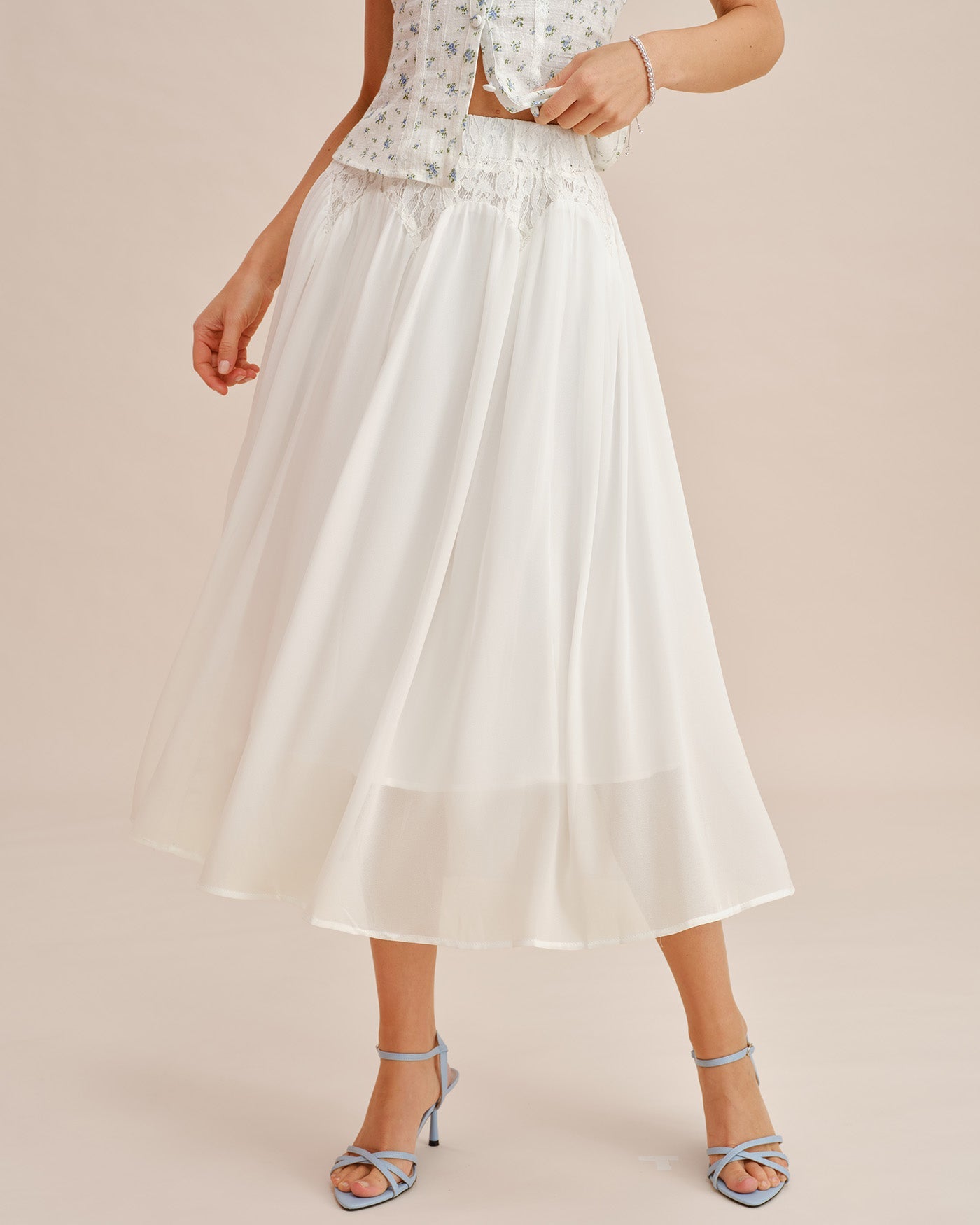 Falda Midi de Cintura Elástica con Encaje Blanco