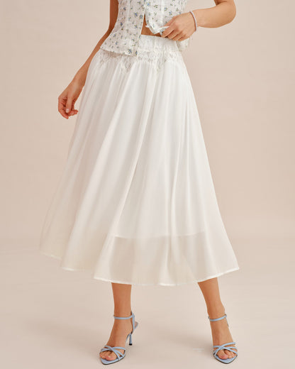 Falda Midi de Cintura Elástica con Encaje Blanco