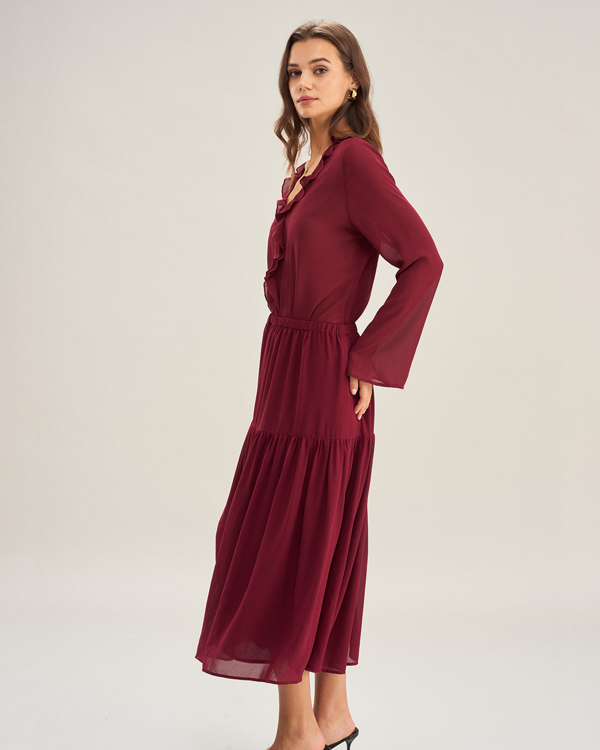 Falda Midi A-Line de Chifón Rojo Vino