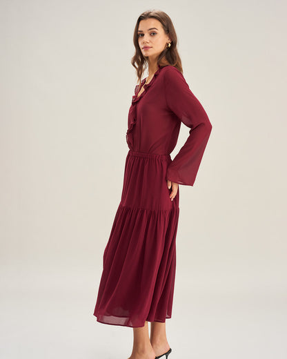 Falda Midi A-Line de Chifón Rojo Vino