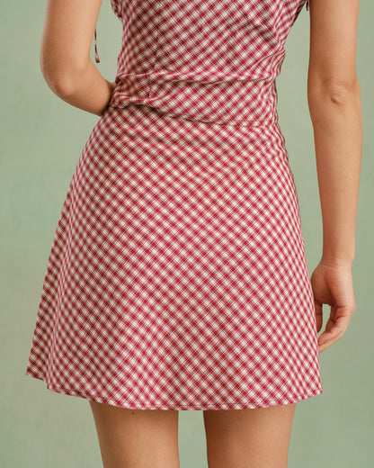 Falda Mini de Cuadro Rojo con Cremallera