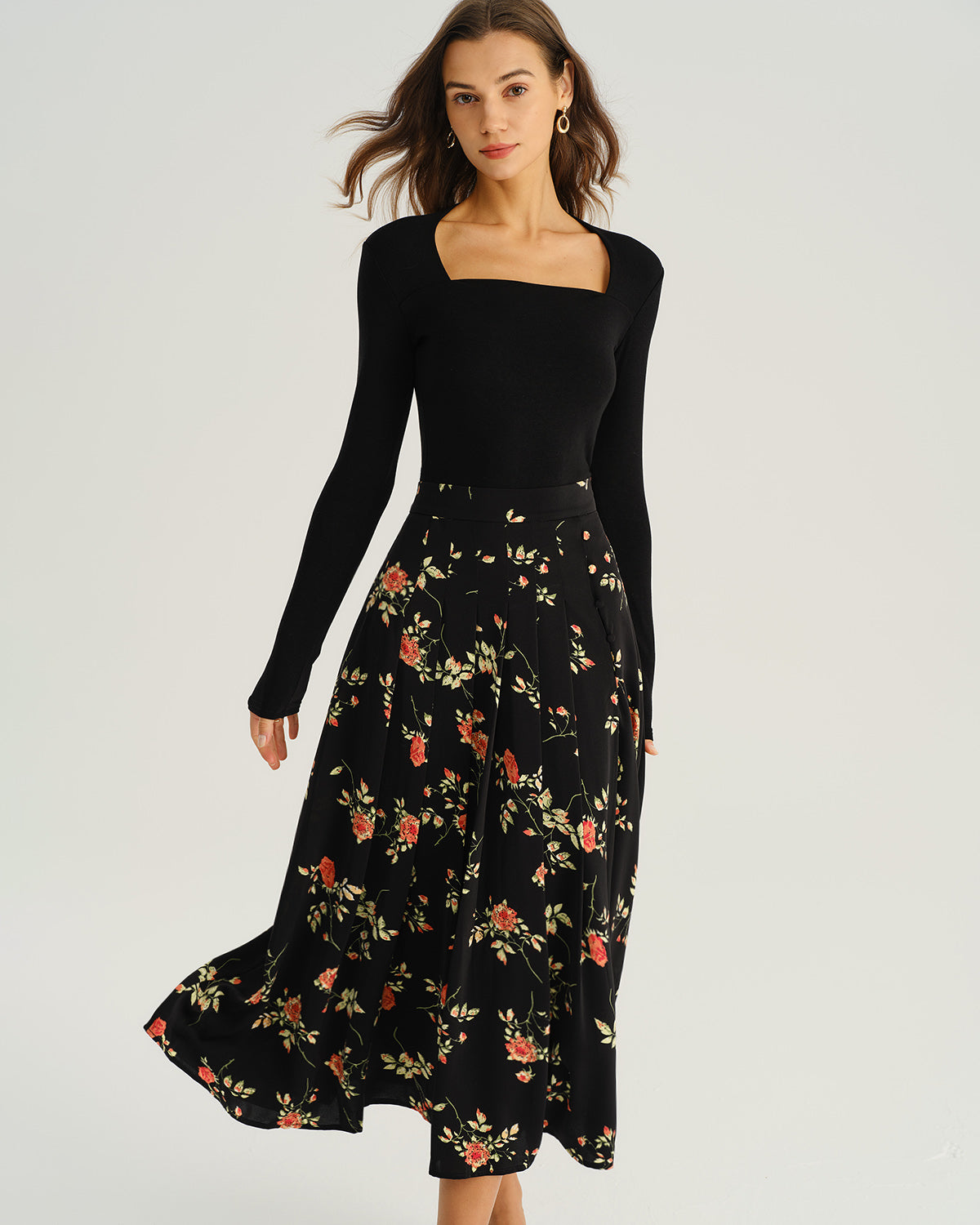 Falda Midi A-Line Floral Negra