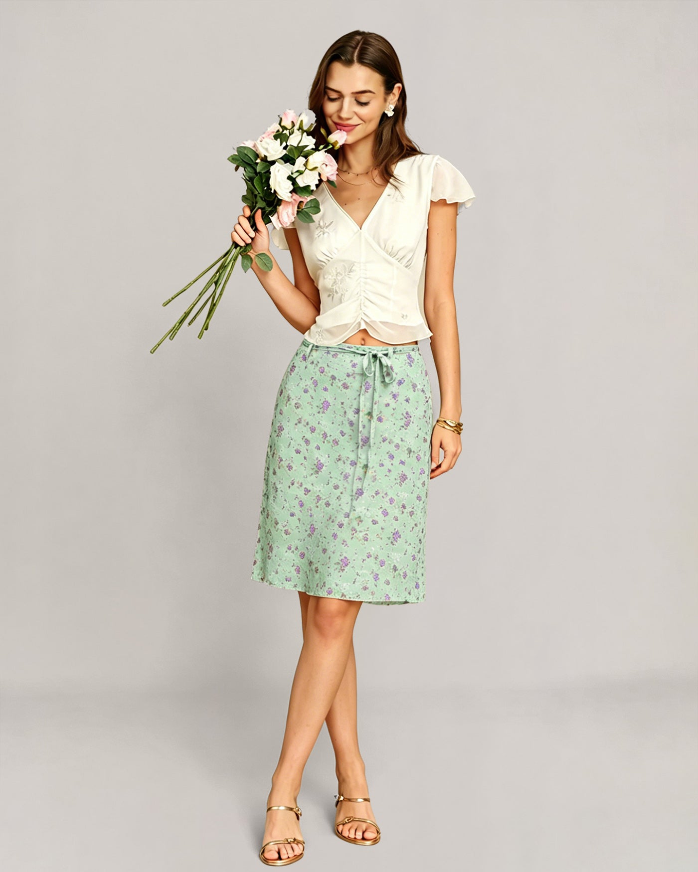 Falda Recta con Estampado Floral Verde