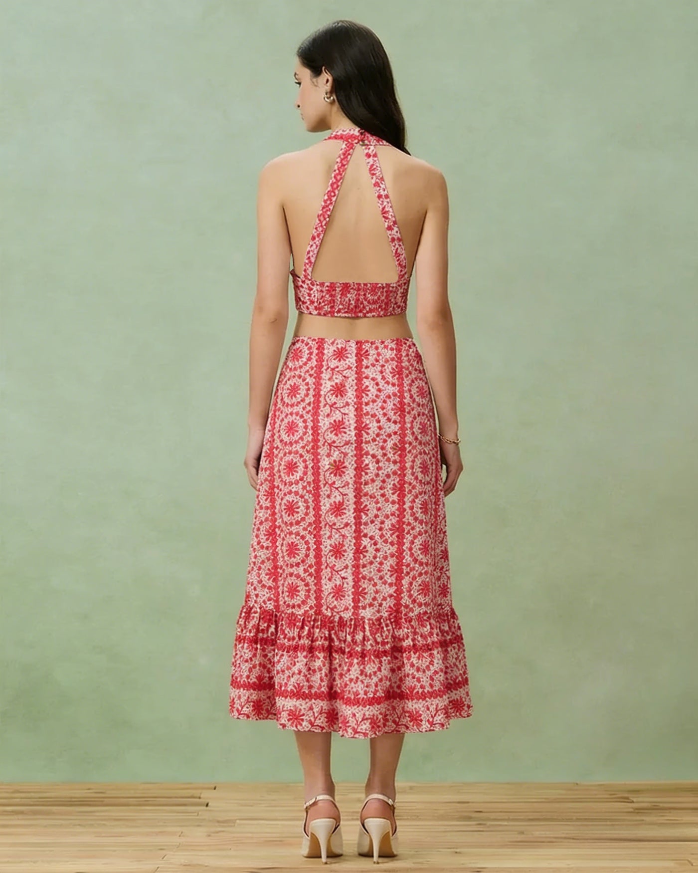 Falda Midi Fruncida Floral Roja