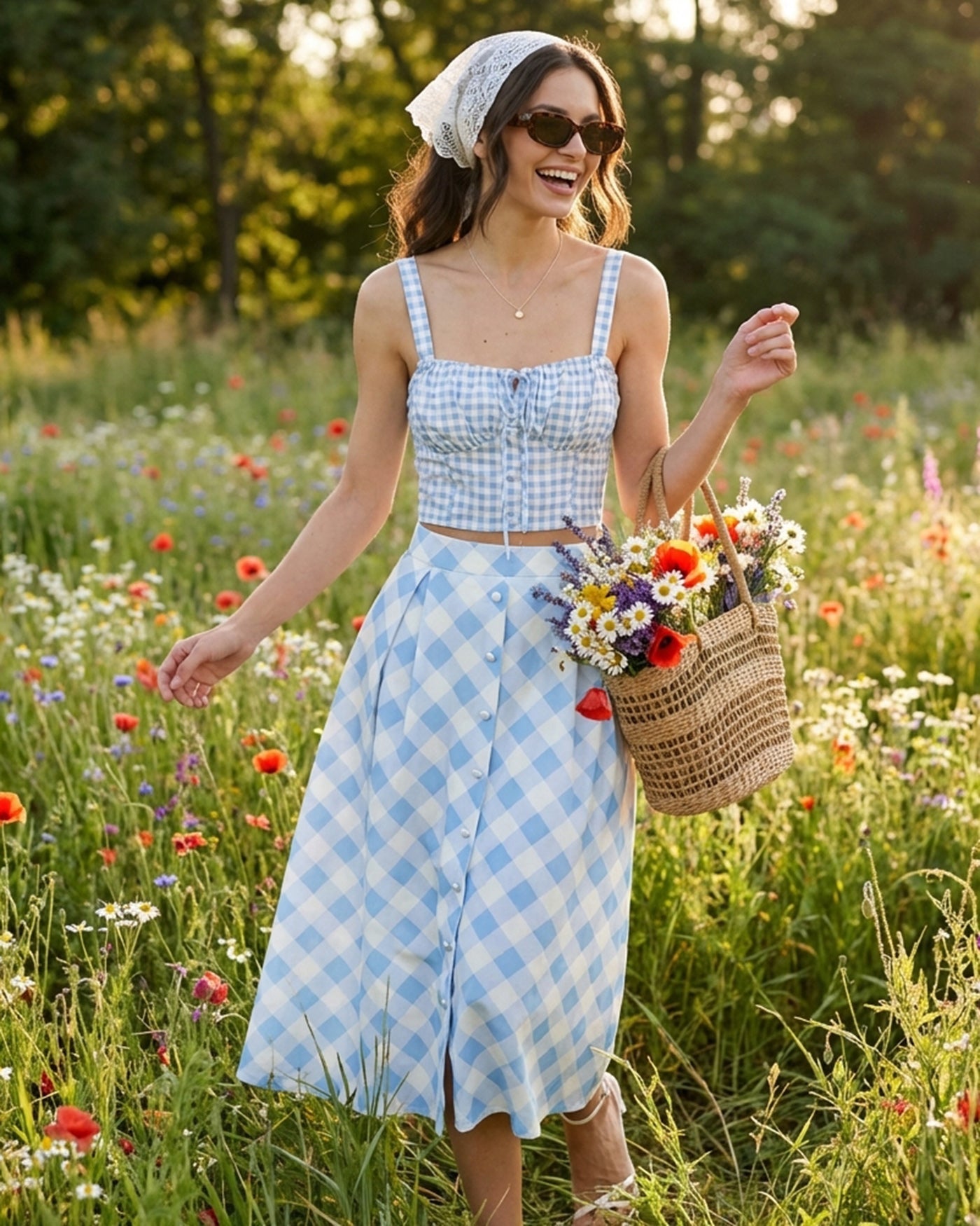Falda Midi de Botones a Cuadros Azules