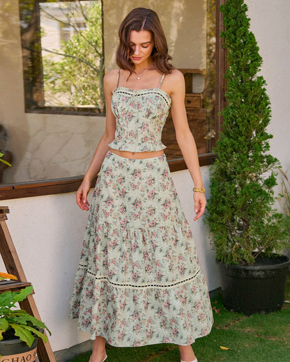 Falda Midi A-Line Floral Verde