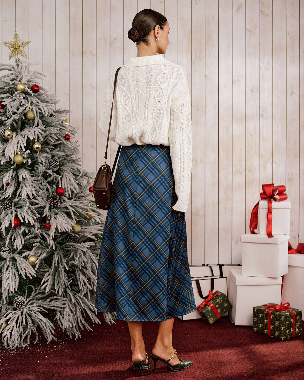 Falda Midi A-Line de Cuadros Azules