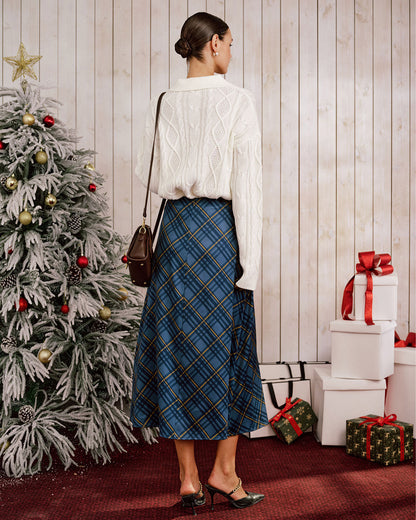 Falda Midi A-Line de Cuadros Azules