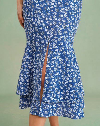 Falda Midi Sirena Floral Azul
