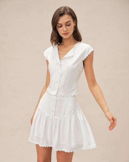 Falda Mini Arrugada con Botón Blanca