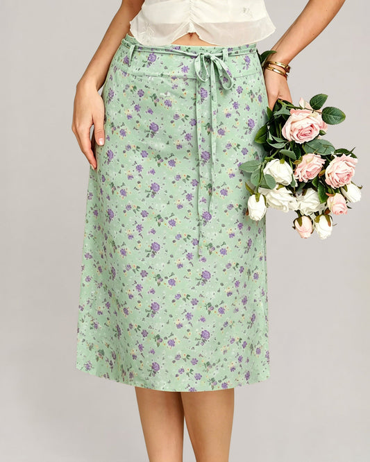 Falda Recta con Estampado Floral Verde