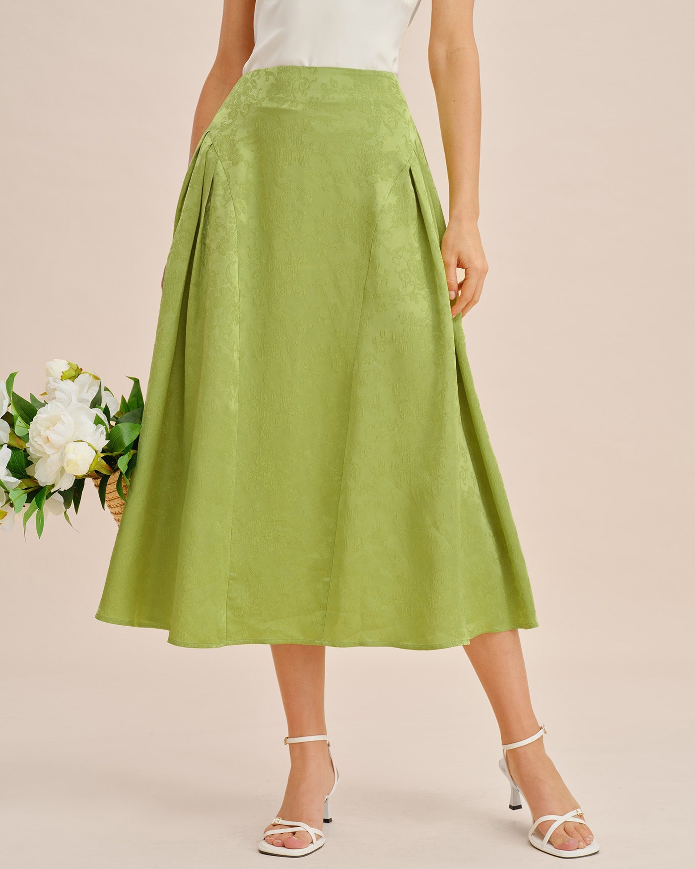Falda Midi de Satén Jacquard Fruncida Verde