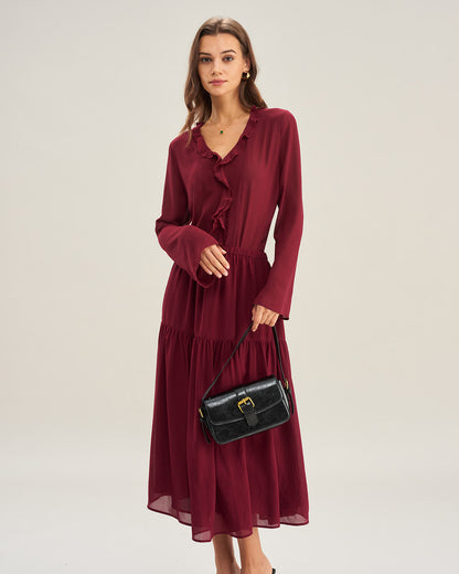 Falda Midi A-Line de Chifón Rojo Vino