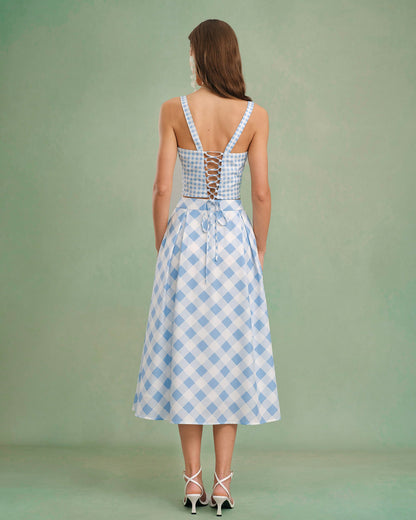 Falda Midi de Botones a Cuadros Azules