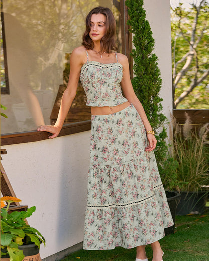 Falda Midi A-Line Floral Verde