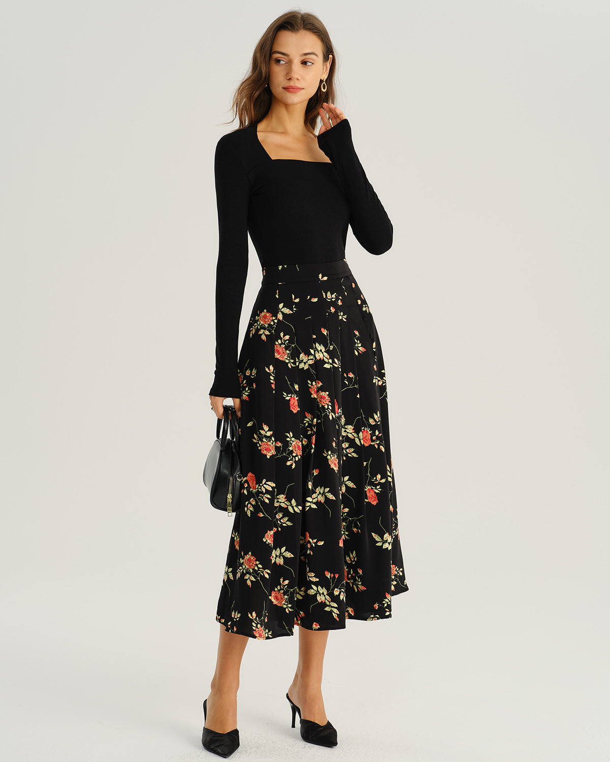 Falda Midi A-Line Floral Negra