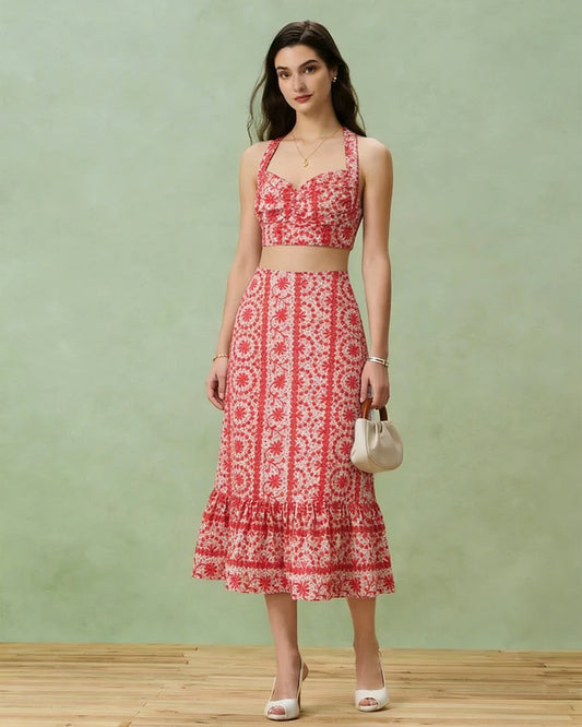 Falda Midi Fruncida Floral Roja