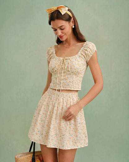 Falda Mini Floral Bordada Amarilla