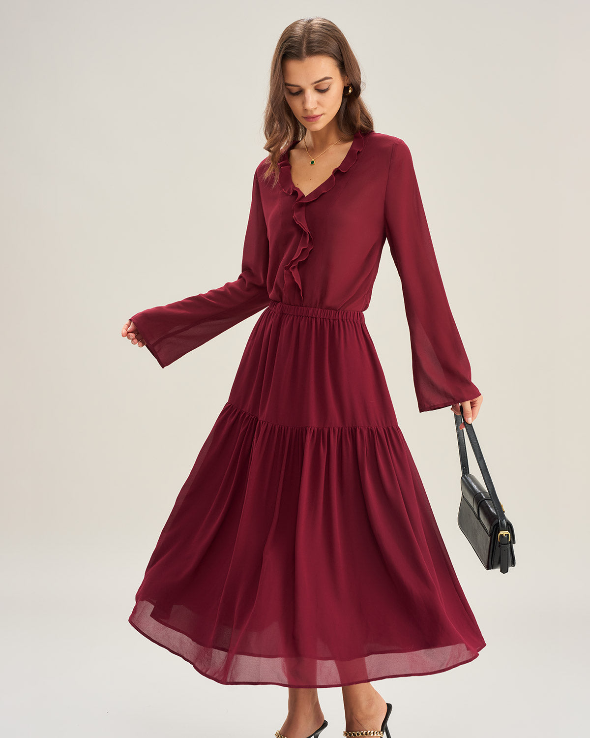 Falda Midi A-Line de Chifón Rojo Vino
