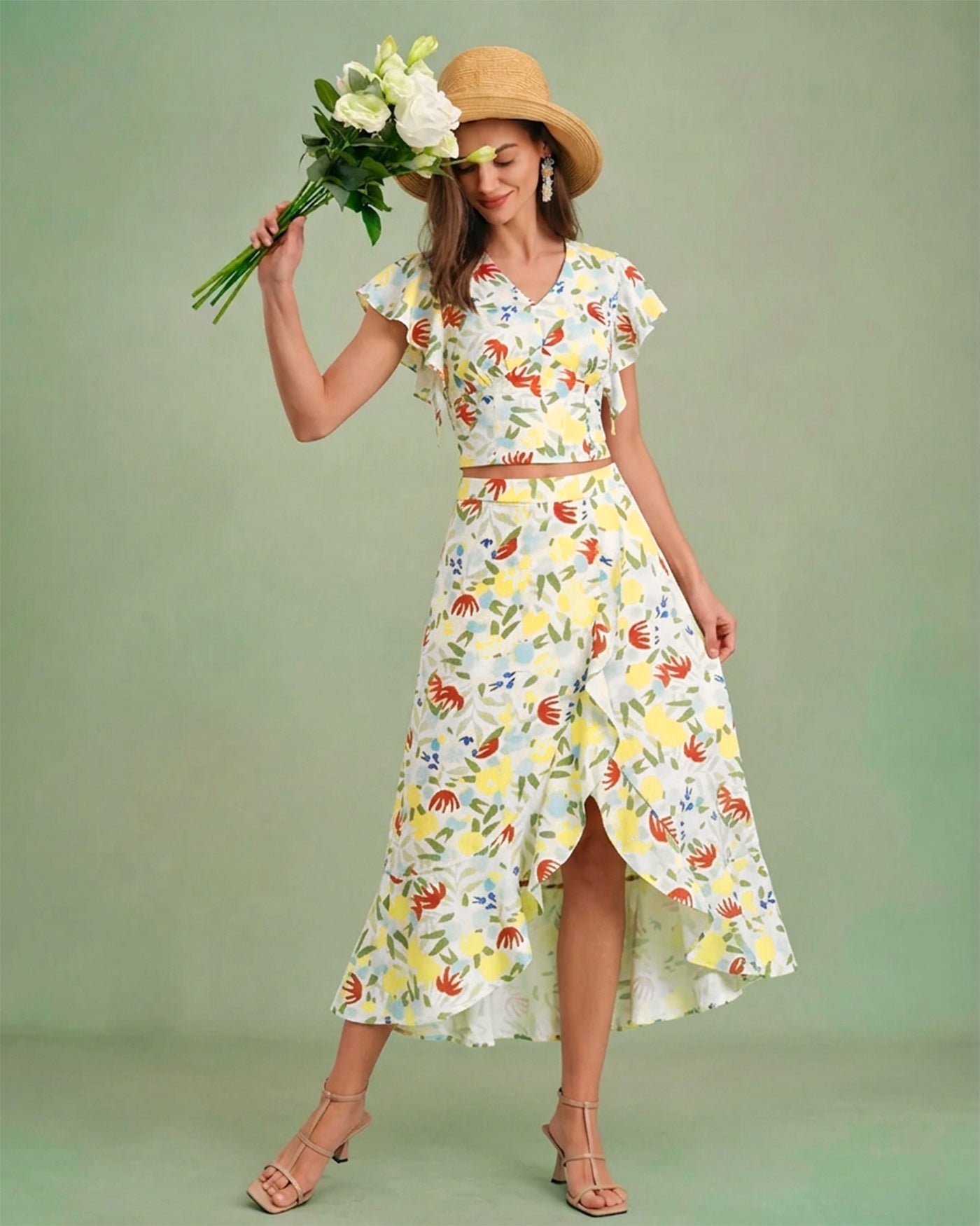 Falda Midi A-Line con Volantes Florales