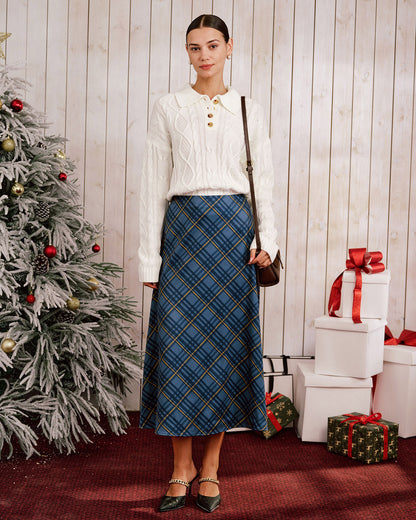 Falda Midi A-Line de Cuadros Azules