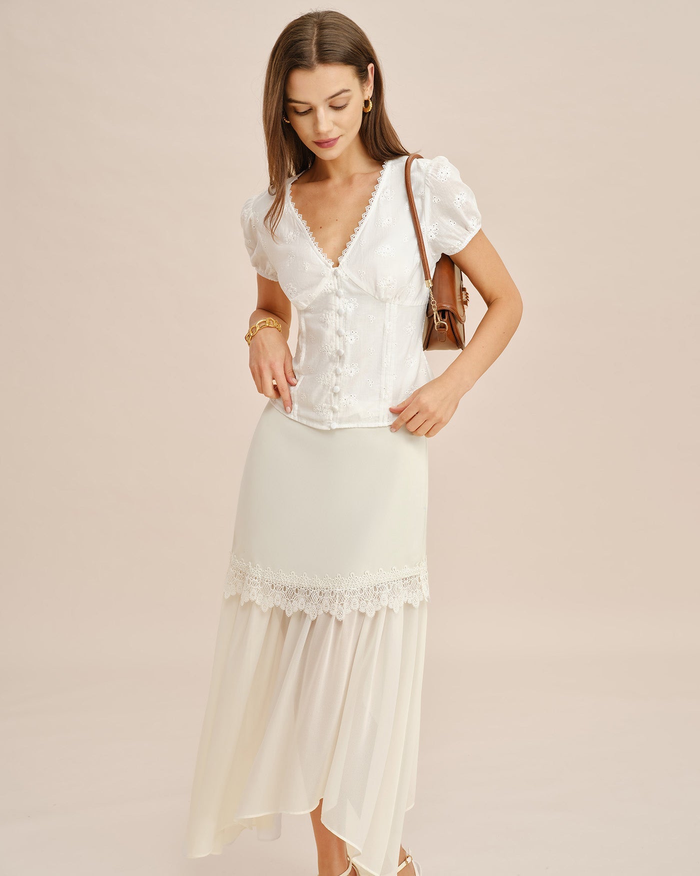 Falda Midi Fluida con Corte en Off White