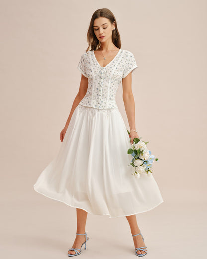 Falda Midi de Cintura Elástica con Encaje Blanco