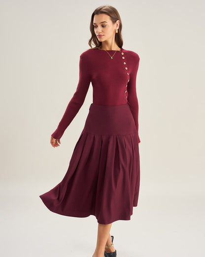 Falda Midi Plisada de Cintura Natural Color Rojo Vino