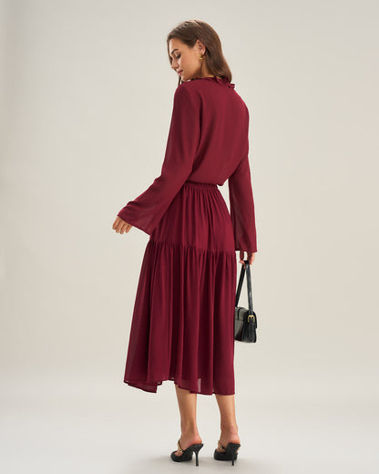 Falda Midi A-Line de Chifón Rojo Vino