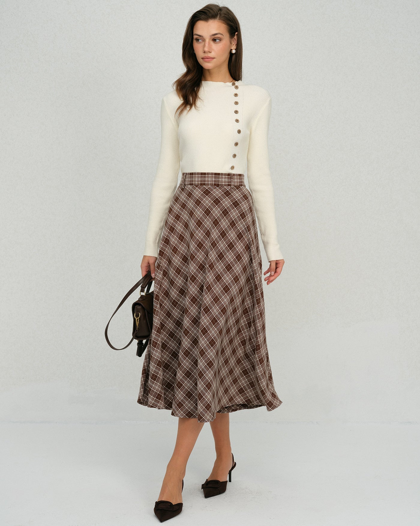 Falda Midi A-Line Floral de Cuadros Marrón